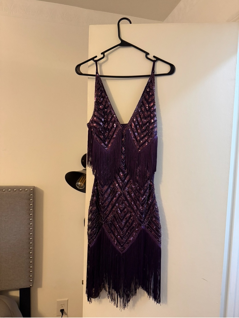 Purple Sequin Fringe V-Neck Slip Dress